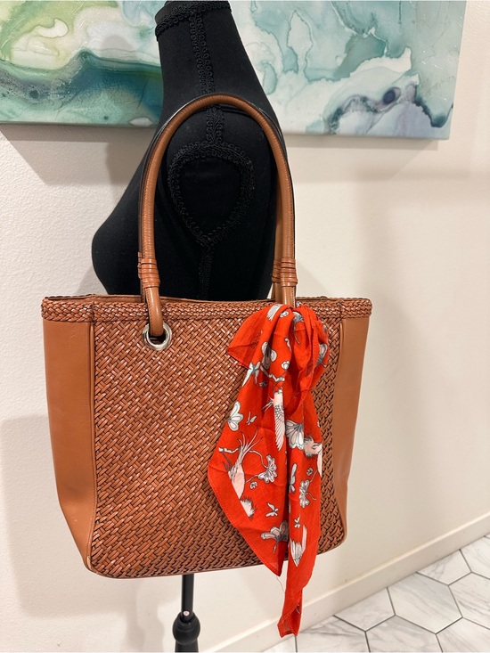 Handbags - Talbots Woven Leather Tote Bag with Floral Scarf - Cognac